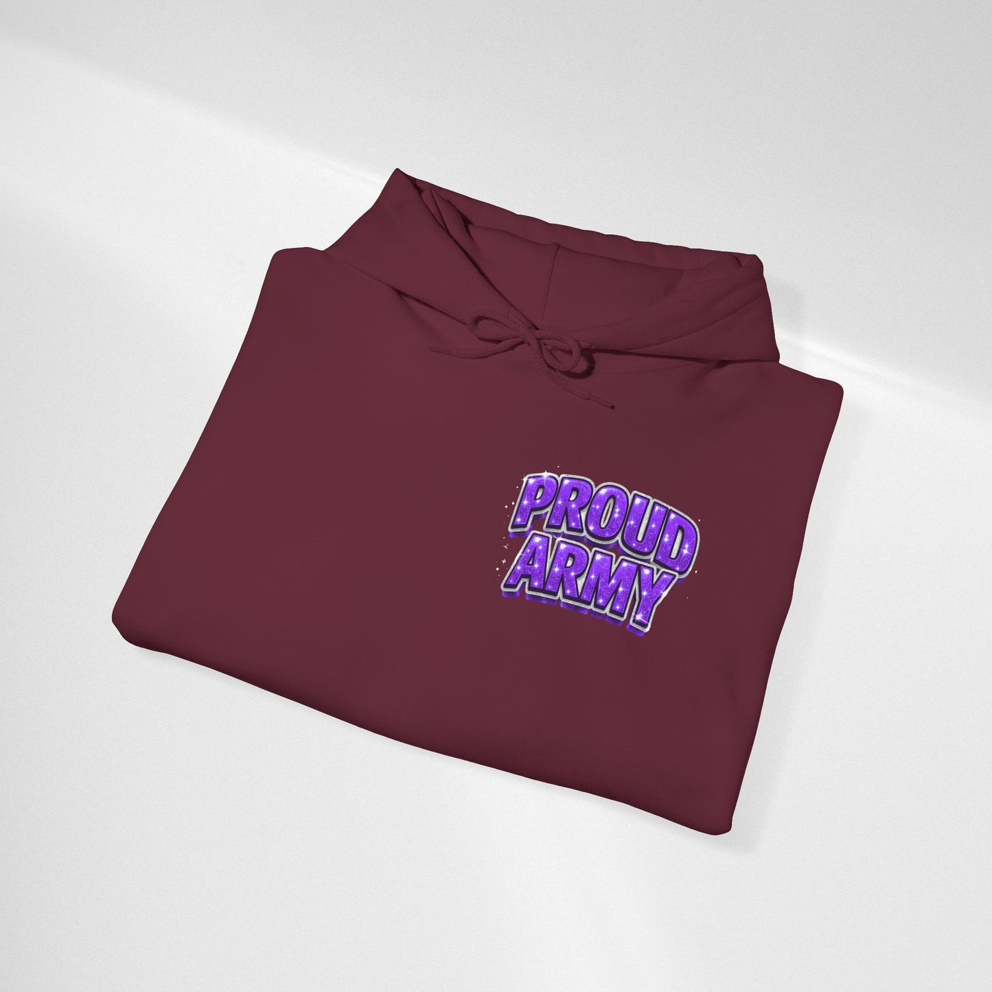 Proud Army Hoodie — Bold Purple Text Military Support Pullover