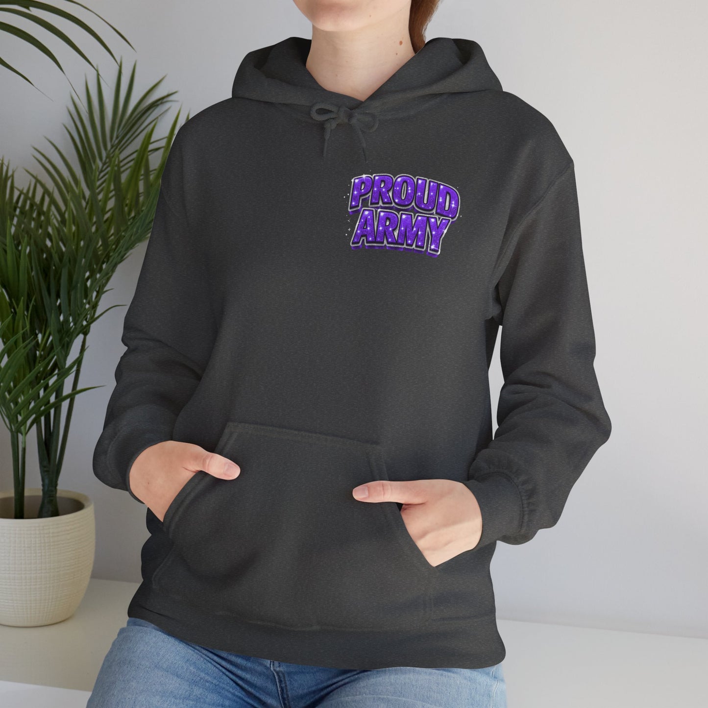 Proud Army Hoodie — Bold Purple Text Military Support Pullover