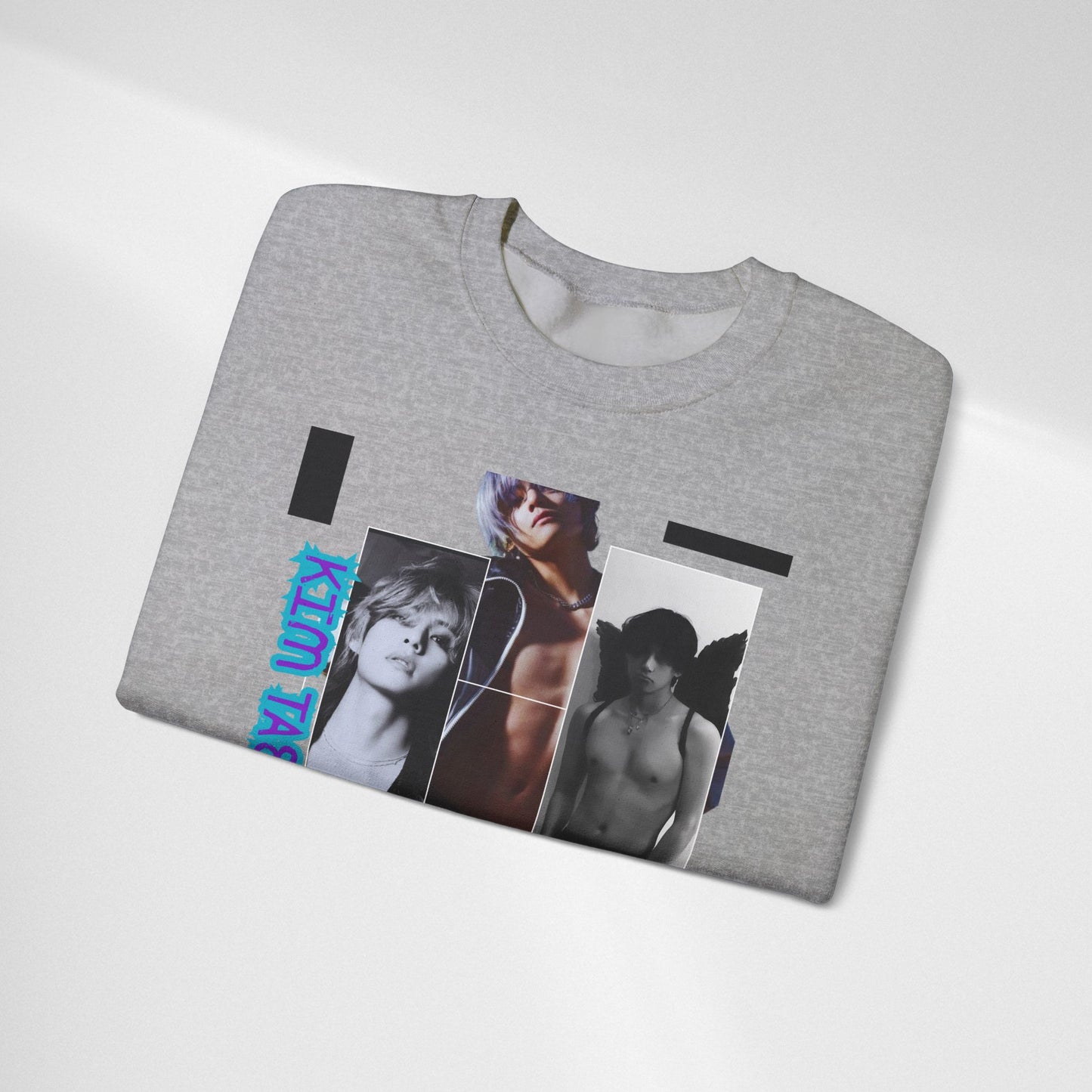 Collage Photo Crewneck Sweatshirt — Retro Portraits with Blue 'KPOP TAEHYUNG' Text