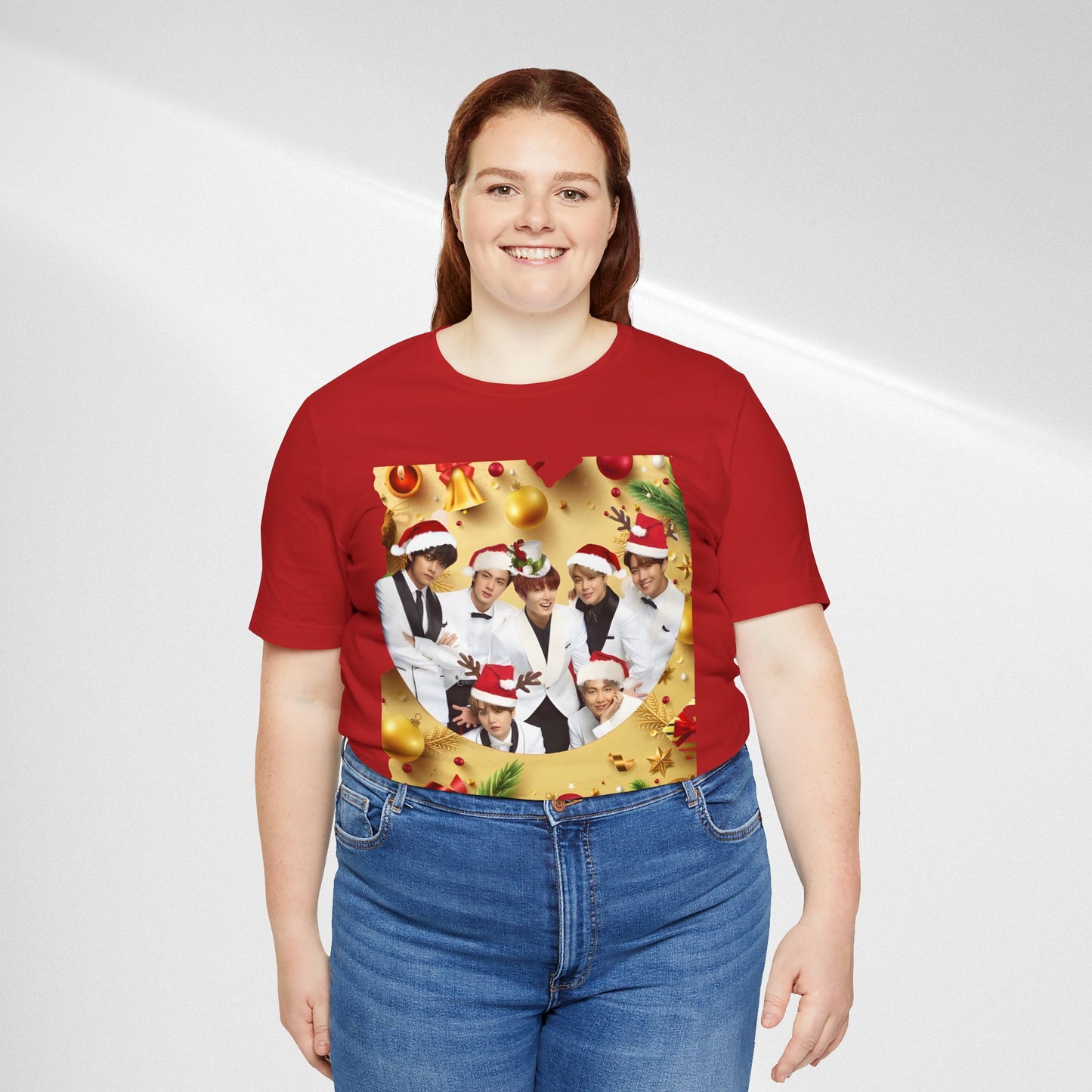 Christmas BTS Photo T‑Shirt — Holiday Santa Hat Group Design