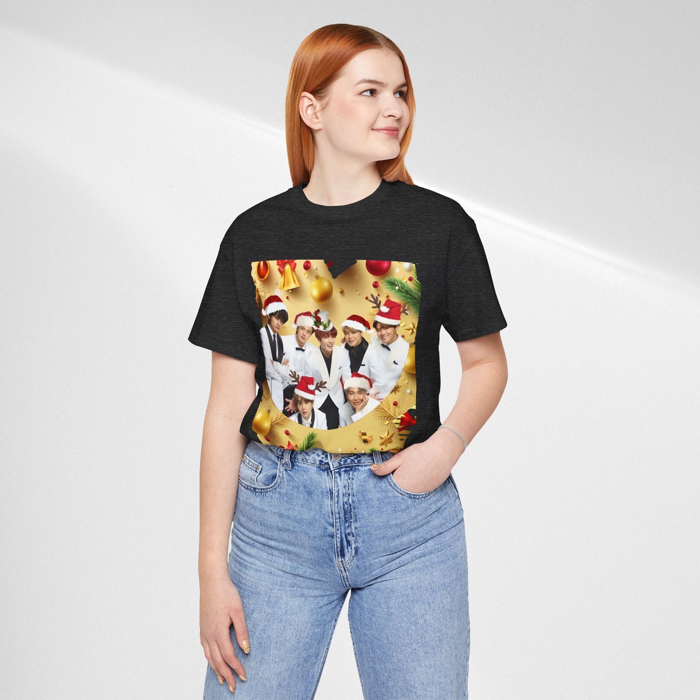 Christmas BTS Photo T‑Shirt — Holiday Santa Hat Group Design