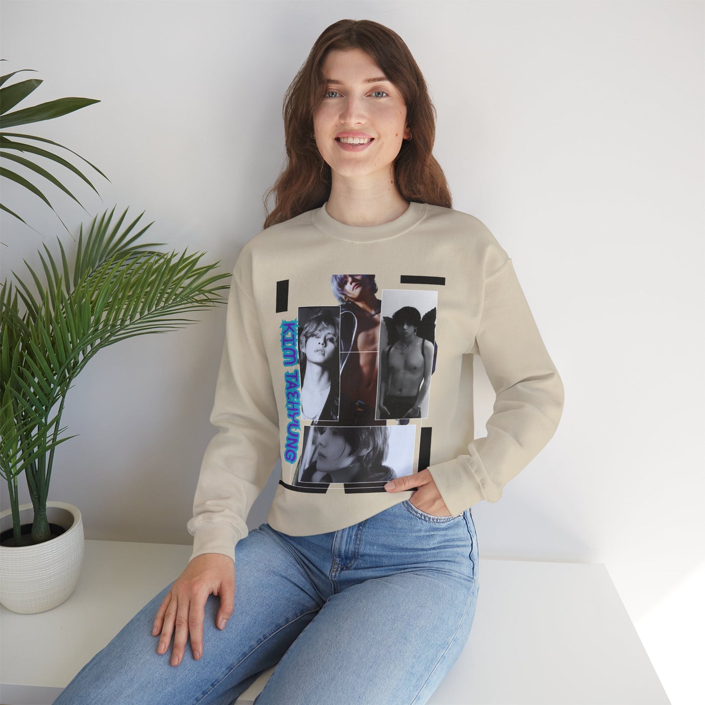 Collage Photo Crewneck Sweatshirt — Retro Portraits with Blue 'KPOP TAEHYUNG' Text