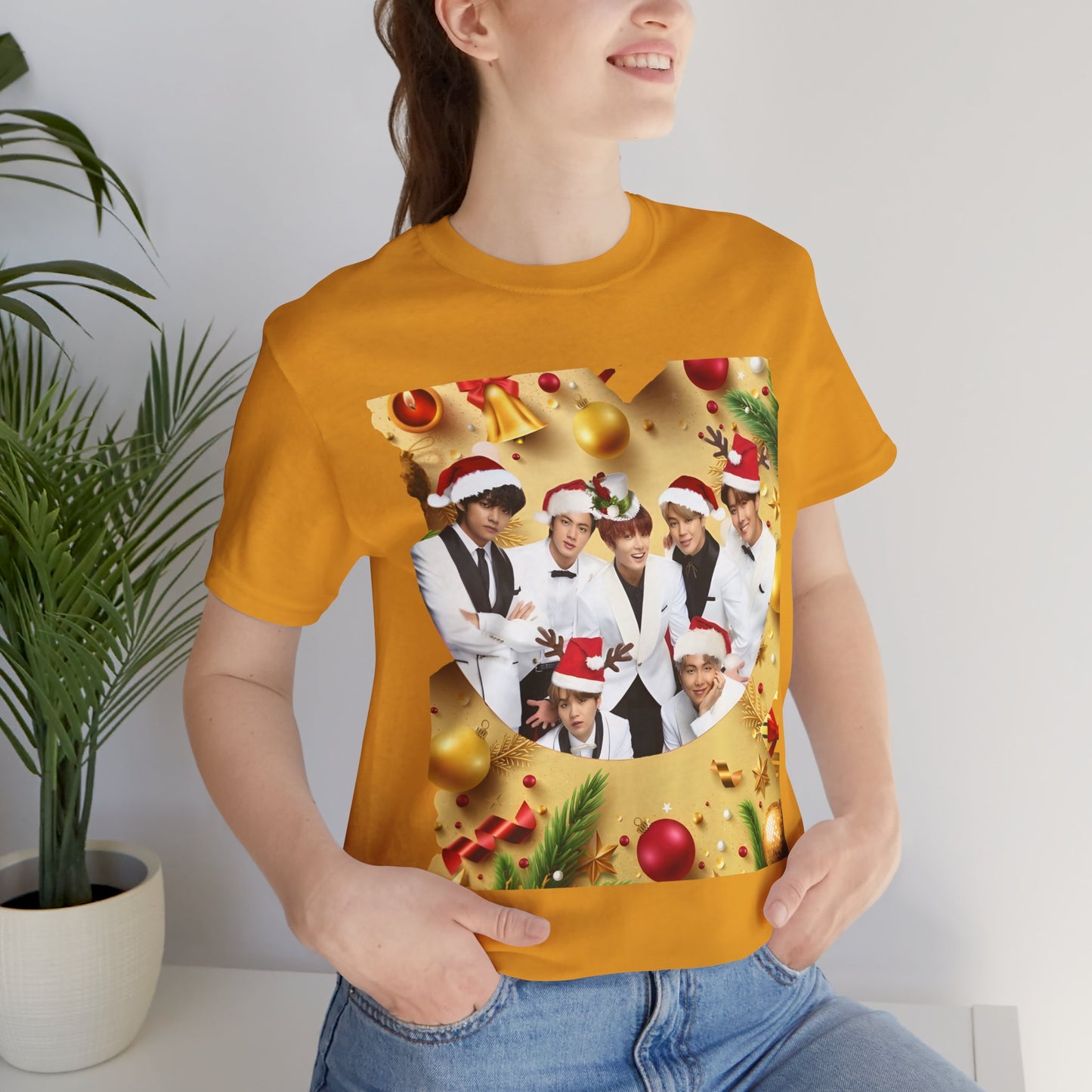 Christmas BTS Photo T‑Shirt — Holiday Santa Hat Group Design